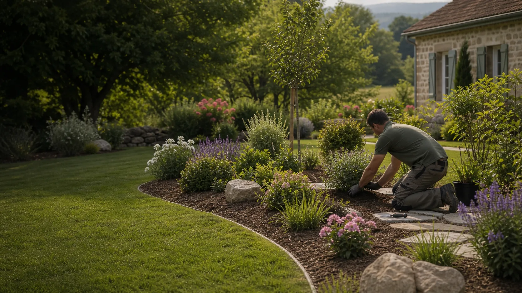 Jardinier professionnel réalisant la création d'un jardin dans le Puy-de-Dôme