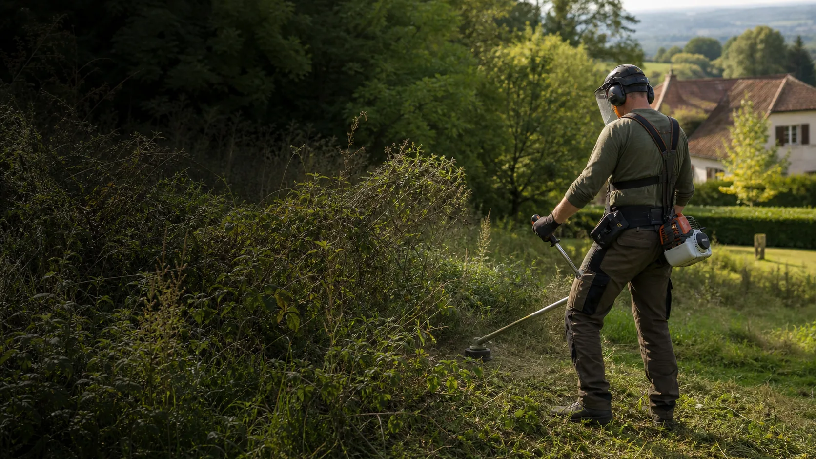 Jardinier professionnel réalisant un débroussaillage dans le Puy-de-Dôme