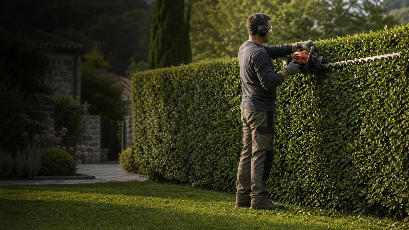 Jardinier professionnel réalisant la taille de haies dans le Puy-de-Dôme
