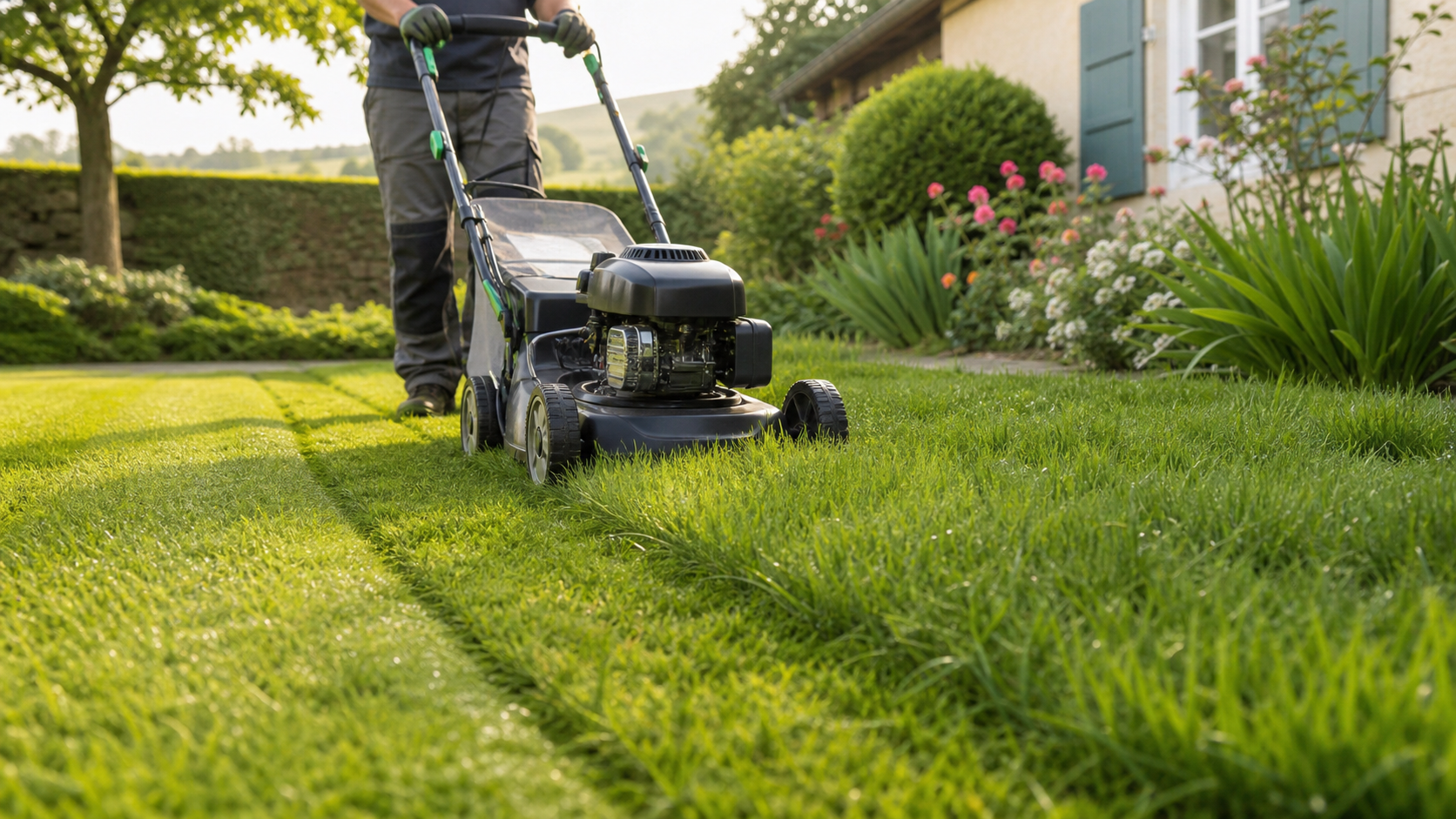 Pelouse entretenue après une tonte de jardin