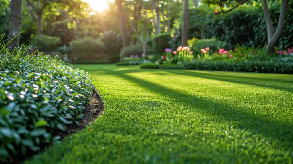Jardin paysager entretenu avec pelouse et massifs fleuris dans le Puy-de-Dôme