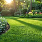 Jardin paysager entretenu avec pelouse et massifs fleuris dans le Puy-de-Dôme